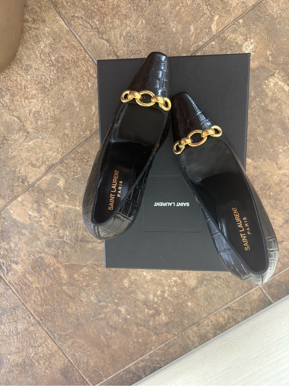 Saint Laurent Black Croc-Embossed Loafers with Gold Chain